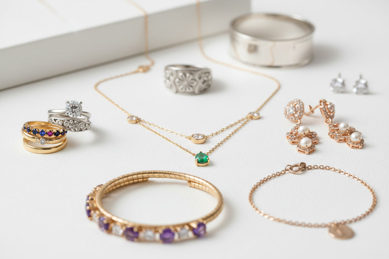 Elegant women's jewelry collection with necklaces, rings, earrings and bracelets