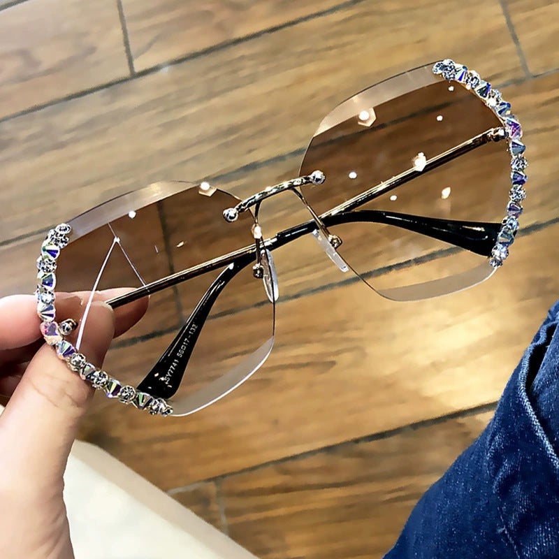 Rimless Diamond Polygon Sunglasses for Women – Vintage Luxury Style Shades