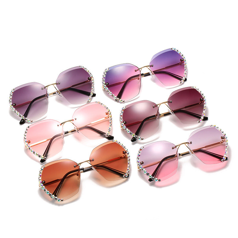 Rimless Diamond Polygon Sunglasses for Women – Vintage Luxury Style Shades