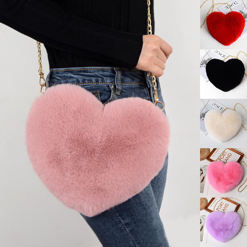 Love Heart Plush Chain Shoulder Bag for Women – Valentine Party Bag